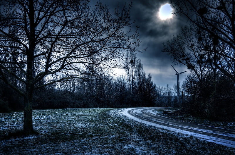 Dark Road, moon, path, nature, road, sky, HD wallpaper