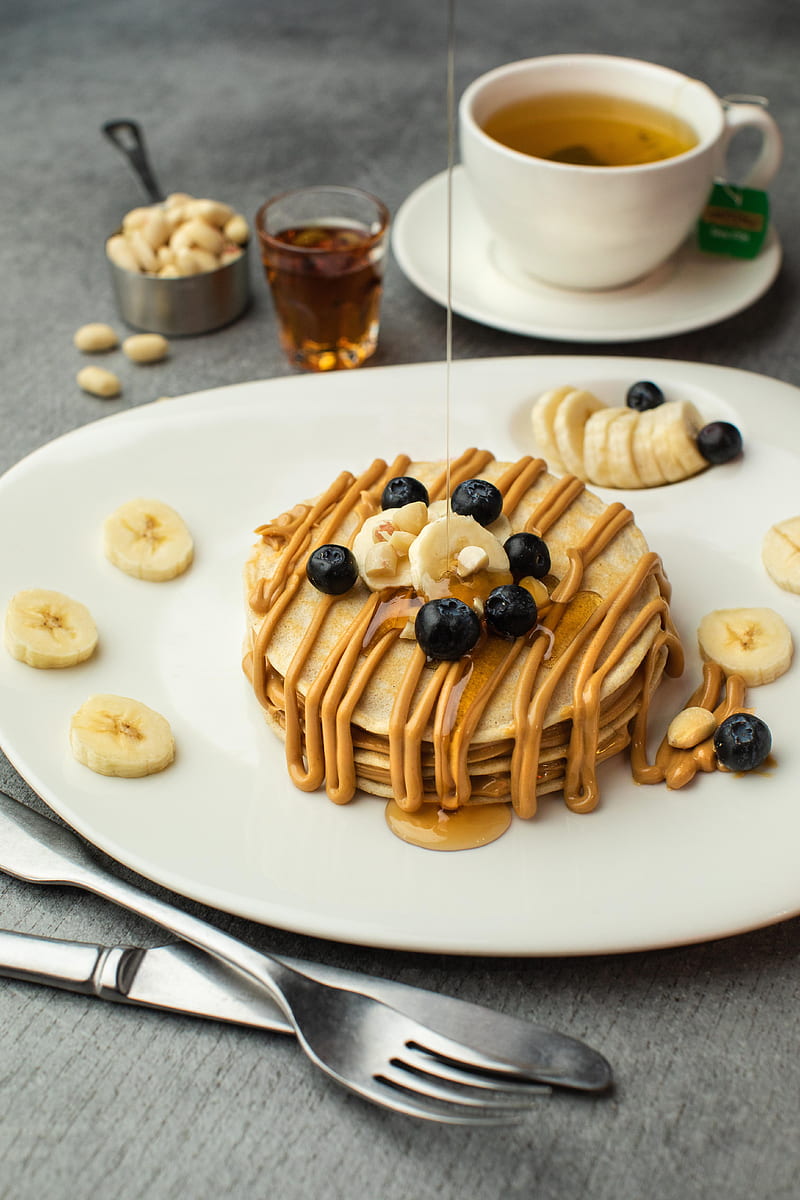 breakfast, pancakes, bananas, dessert, dish, HD phone wallpaper