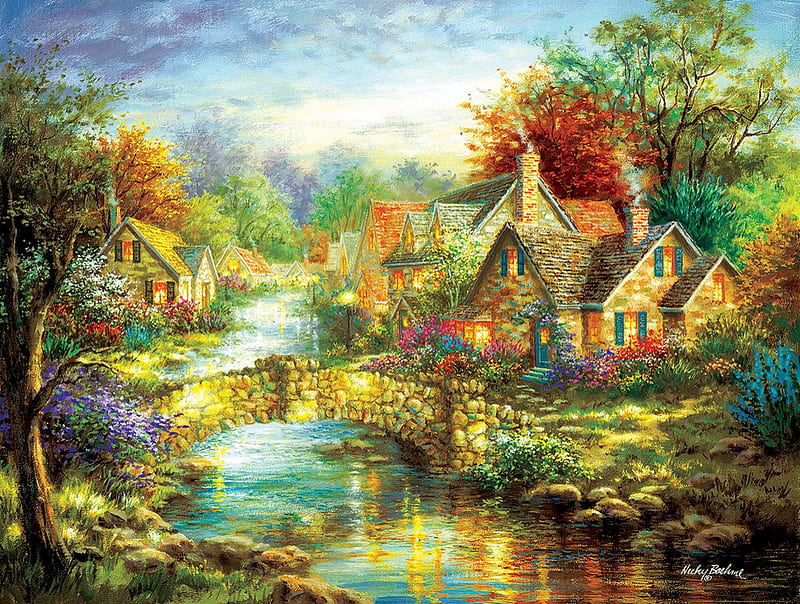 :), art, water, house, bridge, cottage, painting, nicky boehme, pictura, HD wallpaper