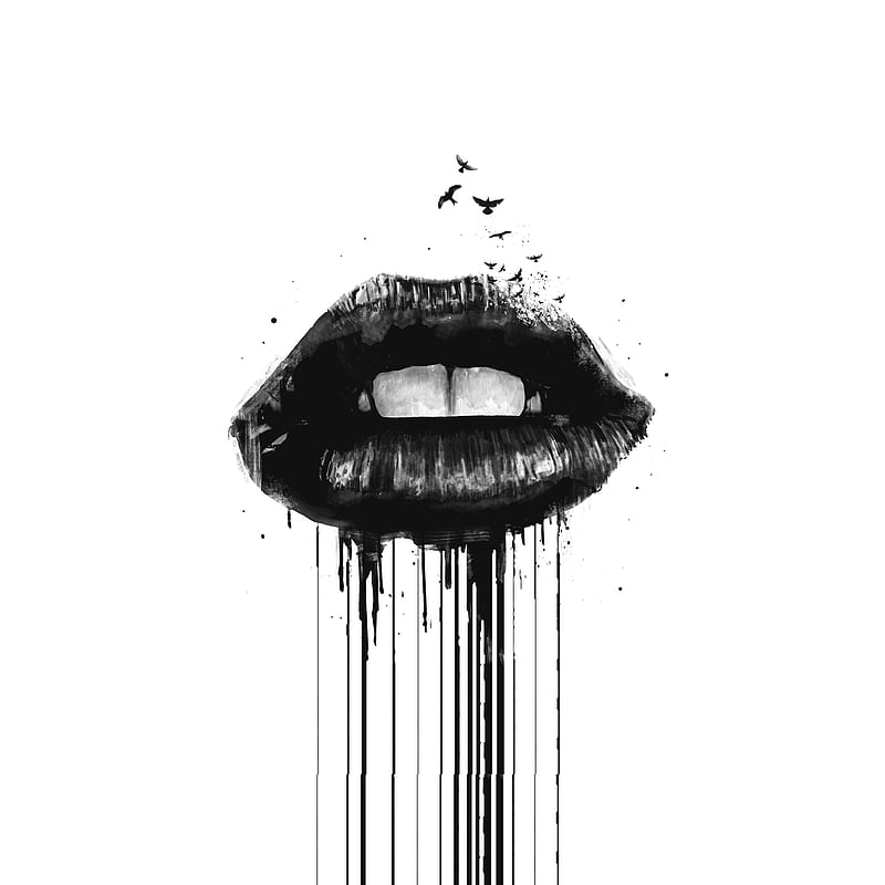 Dead love, Balazs, birds, black, black and white, graffiti, kiss, lips, street art, valentines day, HD phone wallpaper