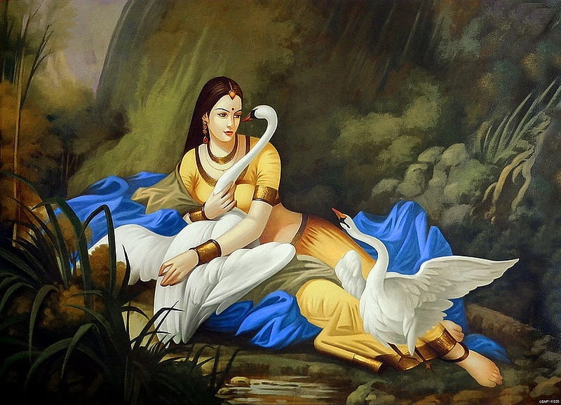 Hamsa Damayanti - Poster. Ravivarma paintings, Indian paintings, Rajasthani painting, HD wallpaper