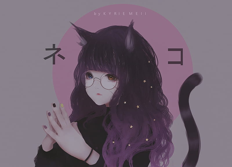 Catgirl, glasses, manga, black, ears, cat, girl, kyrie meii, anime, hand, realistic, pisici, pink, HD wallpaper