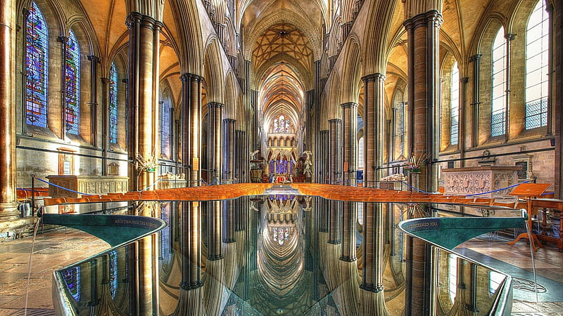 magnificent cathedral in salisbury england r, cathedral, arches, seats, r, staine glass, HD wallpaper