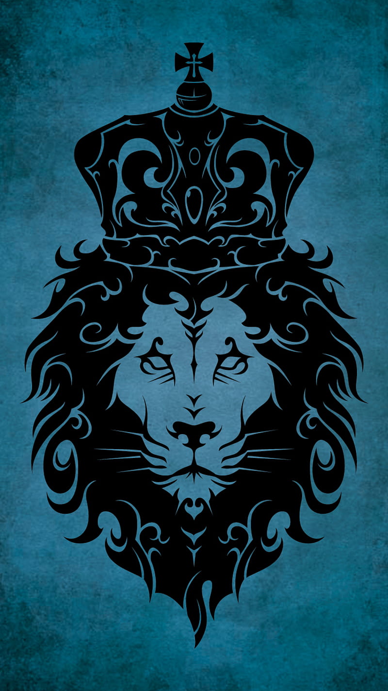 Tribal King Lion, animal, black, blue, crown, tattoo, HD phone wallpaper