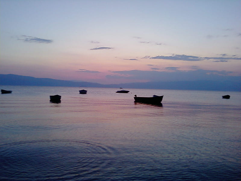 Little boats in Ohrid Lake, boats, water, colors, reflection, sky, HD wallpaper