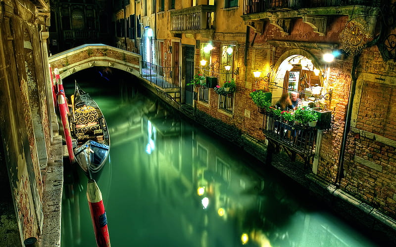Venice, night, canal, Italy, gondolas, nightly Venice, Europe, HD wallpaper