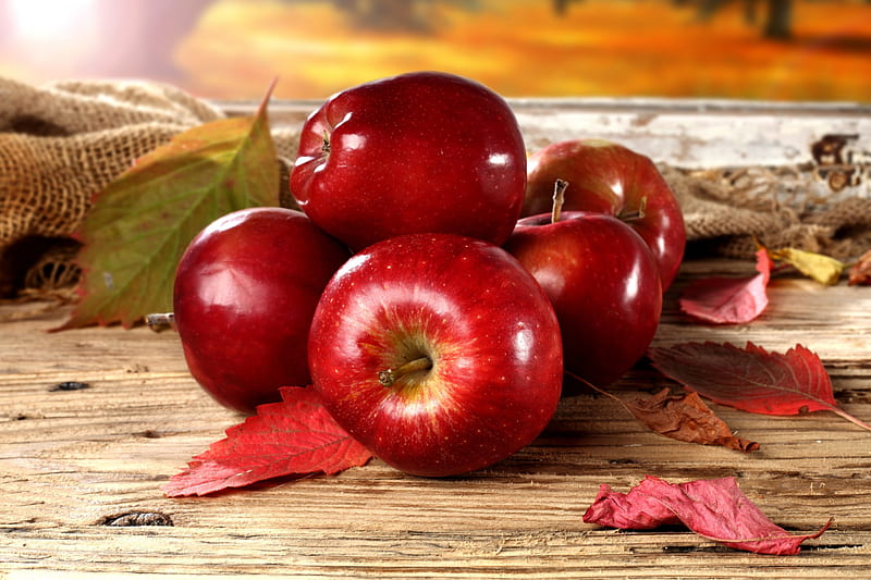 Beautiful Red Apples, fruit, red, fall, autumn, leaves, food, fruits, apples, HD wallpaper
