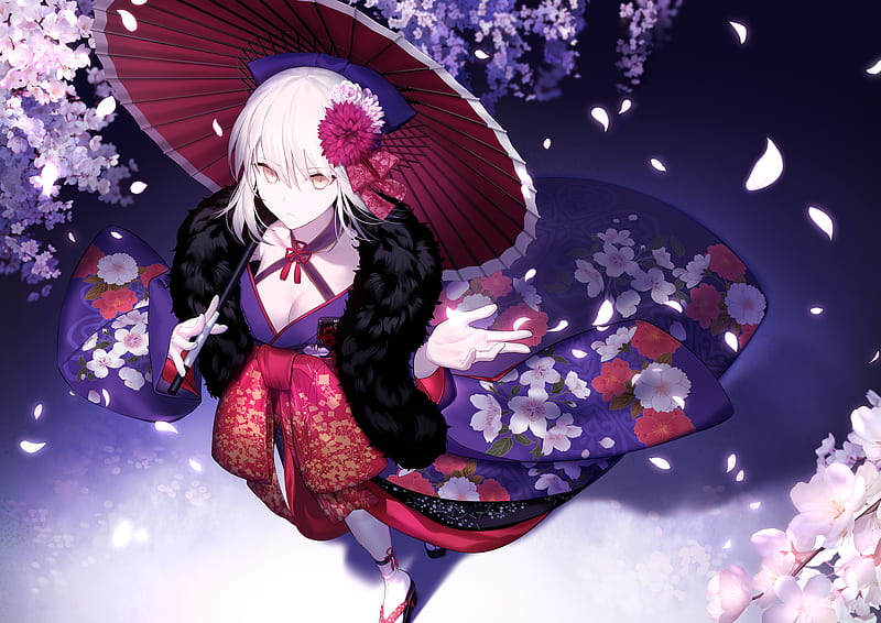 Fate Series, Fate/Grand Order, Blossom, Girl, Kimono, Saber Alter,  Umbrella, HD wallpaper | Peakpx
