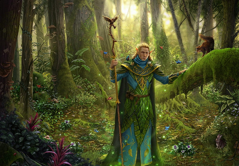 Druid, forest, squirrel, luminos, elf, man, animal, fantasy, green, joshua cairos, HD wallpaper