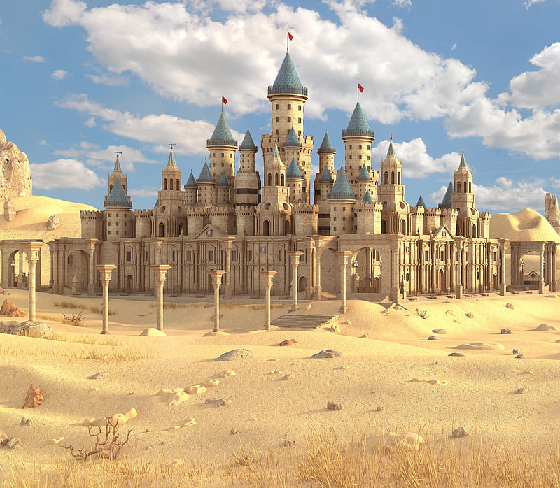 Desert castle, vara, fantasy, sand, luminos, deert, summer, marc mons, castle, cloud, HD wallpaper