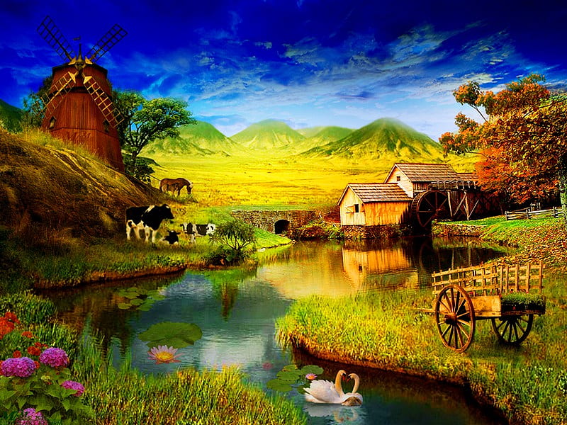 Country life, colorful, house, mill, bonito, swan, clouds, mountain, calm, green, flowers, river, animals, rustic, life, creek, country, sky, water, peaceful, meadow, field, HD wallpaper