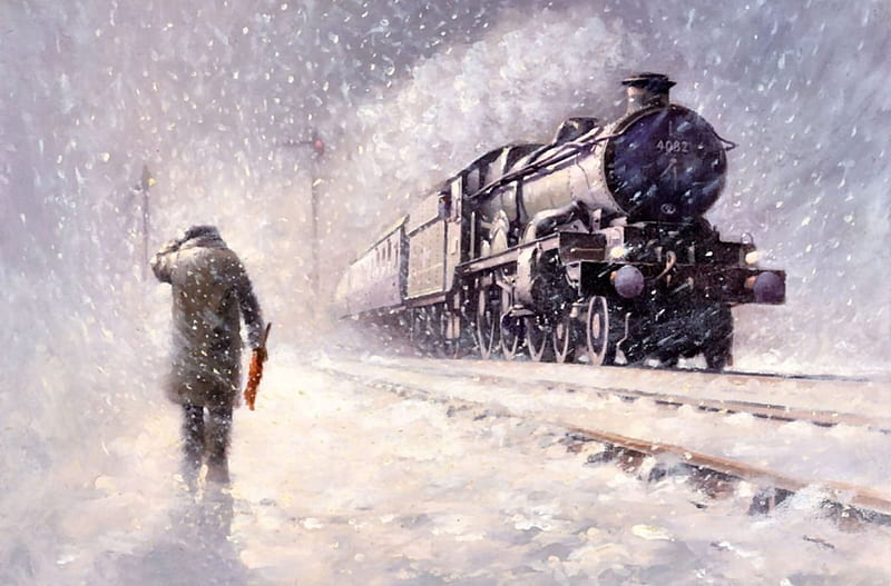 Winter Blizzard F, railroad, art, locomotive, bonito, illustration, artwork, winter, train, snow, engine, painting, wide screen, tracks, HD wallpaper