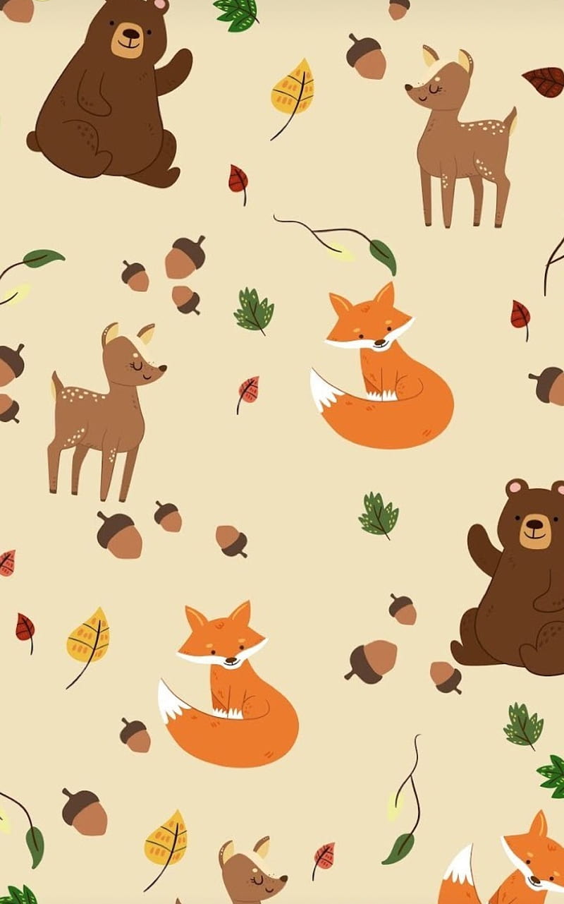 Autumn , fox, bear, fall, leaves, deer, acorns, HD phone wallpaper