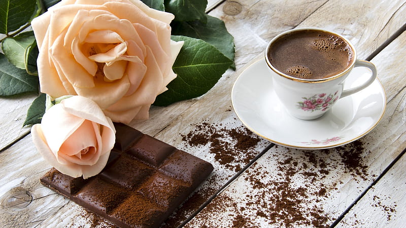 aroma coffee, roses, coffee, chocolate, still life, cool, graphy, HD wallpaper
