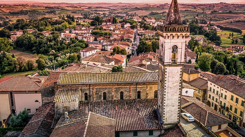 church of santa croce in vinci tuscany r, hills, tower, town, fields, r, church, HD wallpaper