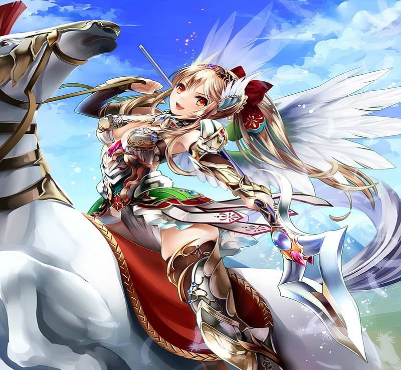 Beauty warrior, red, pretty, bonito, clouds, sweet, gold, anime, beauty, long hair, sword, blue, wings, lovely, angel, blonde, sky, horse, armor, warrior, girl, white, HD wallpaper