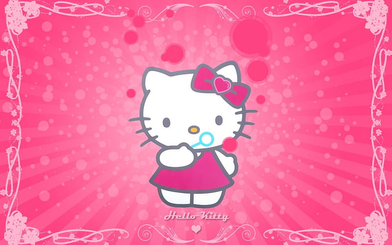 Blowing Bubbles, Hello Kitty, Pink, Cartoon, Cat, HD wallpaper