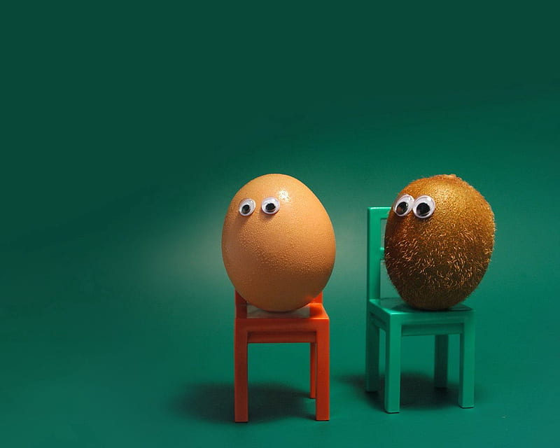 egg, kiwi fruit, eyes, chairs, funny, situation, HD wallpaper