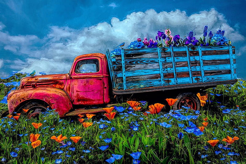 Wildflowers on the farm, truck, field, vintage, painting, flowers, artwork, HD wallpaper