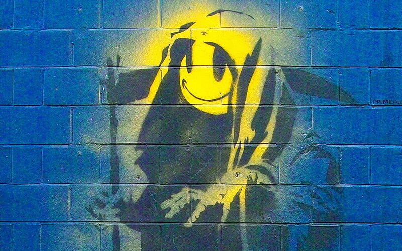 Banksy Grin Reaper, art, banksy, reaper, smiley, graffiti, grin, HD wallpaper