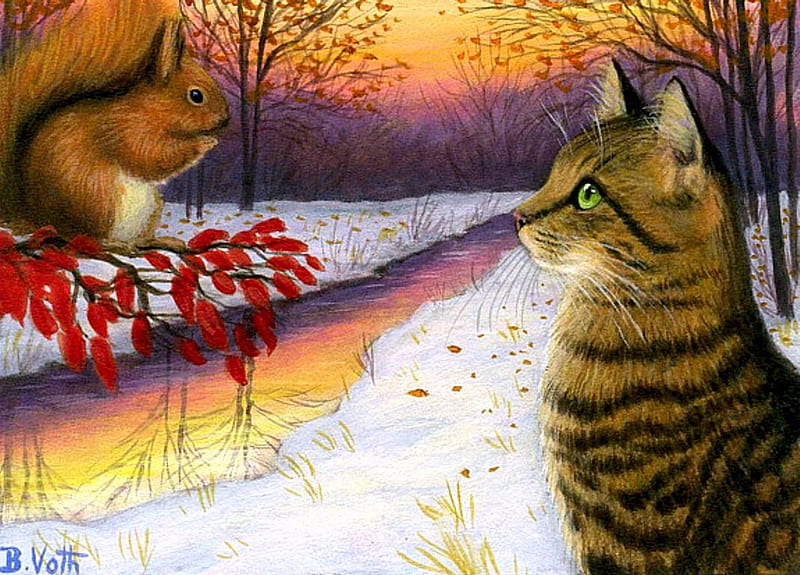 Baxter's Fall Friend, anow, squirrel, painting, cat, artwork, HD wallpaper