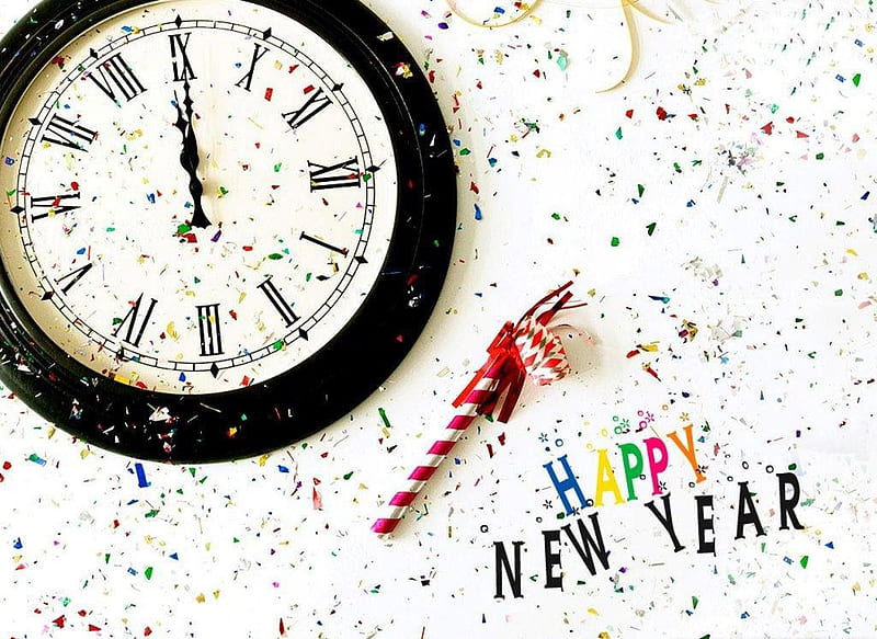 Happy new year, red, confetti, time, yellow, clock, abstract, year, happy, new, colours, gren, blue, HD wallpaper