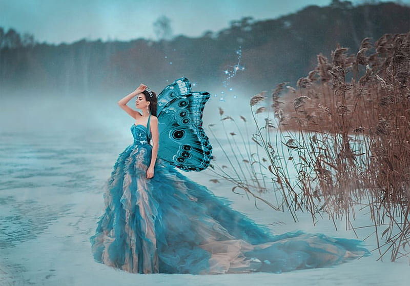 Ethereal Winter Butterfly Fairy, pretty, lovely, stunning, fantastic, Ethereal Winter Fairy, women are special, bonito, breathtaking, lips nails eyes hair art, winter, sparkle, etheral women, season, female trendsetters, fairy, gorgeous, Sophie Designs, HD wallpaper