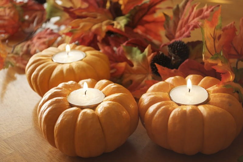 Fall Home Decor , fall, wonderful, autumn, halloween, colors, home decor, candles, leaves, holders, pumpkins, HD wallpaper