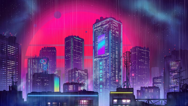 Red Moon, futuristic city, cityscape, HD wallpaper