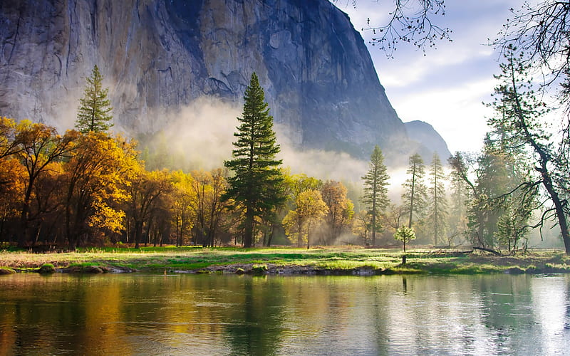 Spruce Lake, Pensylvania, water, mountains, reflections, trees, mist, HD wallpaper