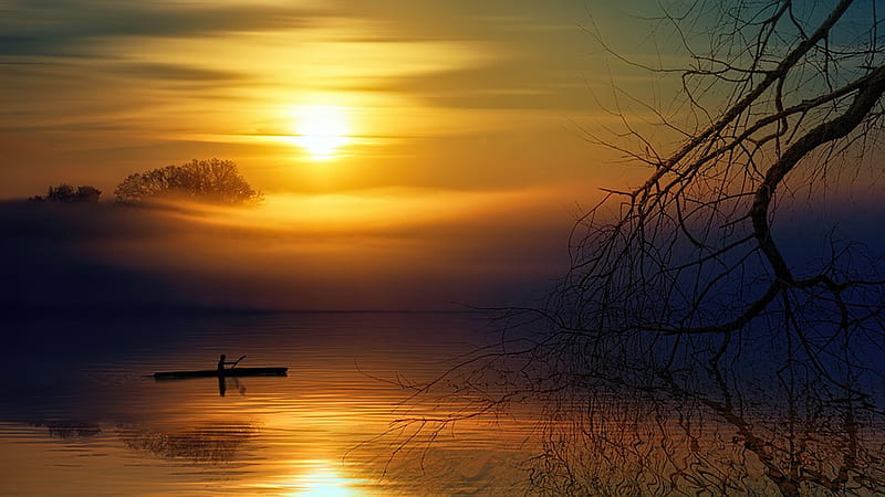 Rowers Sunset, sun, row boat, sunset, sky, lake, tree, boat, sunrise, reflection, Firefox Persona theme, rower, HD wallpaper