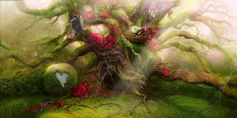 Magic tree, green, elena lagutina, red, tree, fantasy, luminos, stuff, HD wallpaper