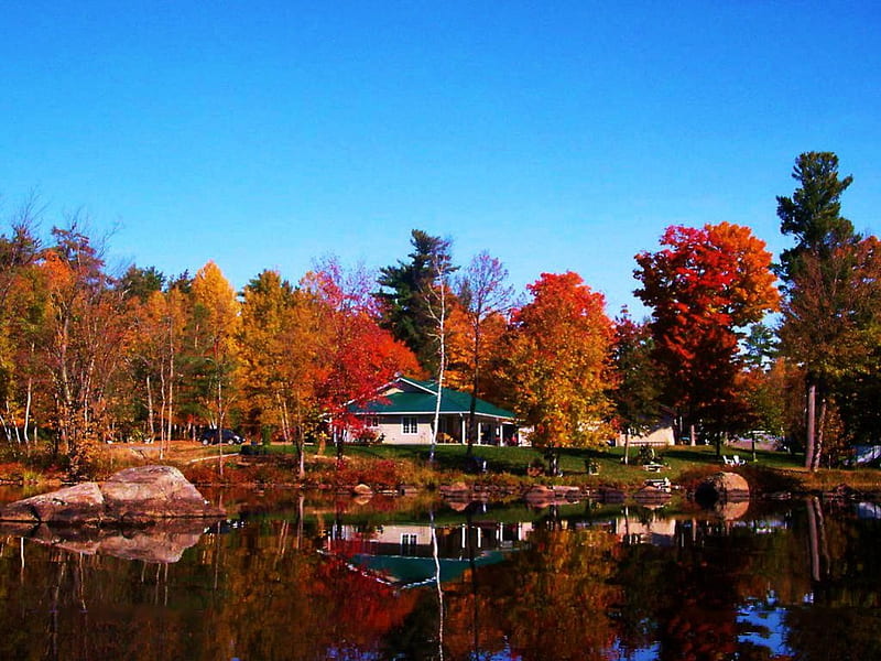Golden Lake, Ontario, fall, autumn, house, colors, reflection, trees, canada, HD wallpaper