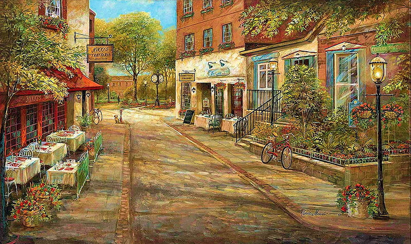 Fond Memories, restaurant, houses, flowers, chairs, village, artwork, street, tables, bicycle, painting, HD wallpaper