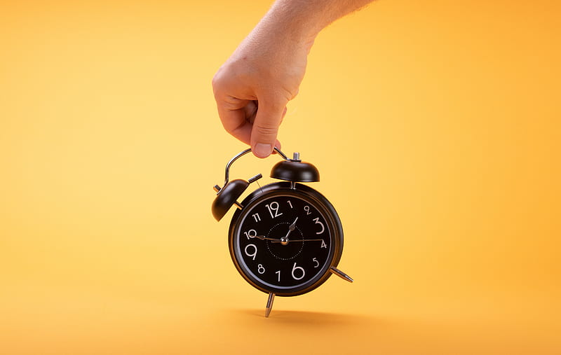 alarm clock, clock, time, hand, yellow, HD wallpaper