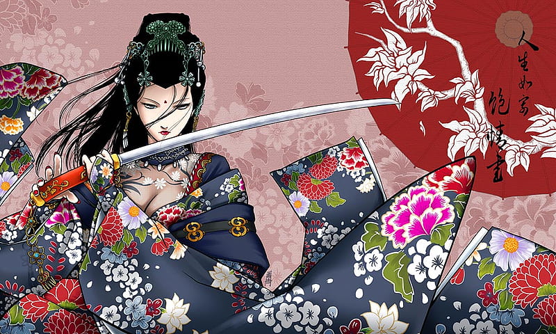 Sword of Revenge, kill you, female, flag japan, rose, mad, cherry blossom, revengen, cool, japan clothes, katana, hot, flowers, anime girl, sword, HD wallpaper