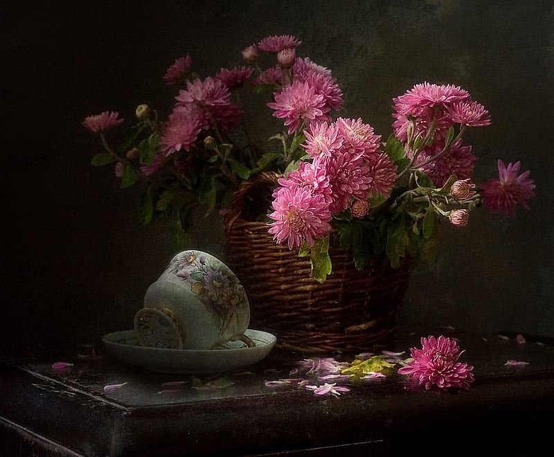 still life, pretty, bonito, old, graphy, nice, flowers, pink, porcelain, harmony, table, pink flowers, lovely, colors, glass, cool, bouquet, basket, cup, flower, chrysanthemums, petals, HD wallpaper