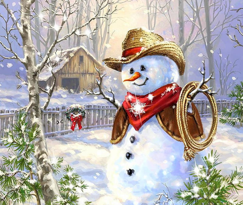 COWBOY FROSTY, houses, cowboy, snowman, winter, Christmas, cottages, holidays, love four seasons, rope, xmas and new year, paintings, snow, HD wallpaper