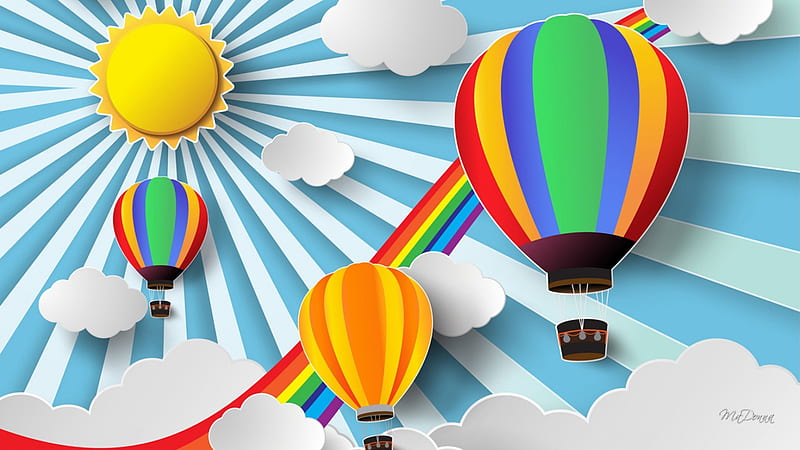 Rainbow Balloons, hot air balloons, fun, rainbow, smile, clouds, happy, sunrays, 3D, bright, sunshine, HD wallpaper