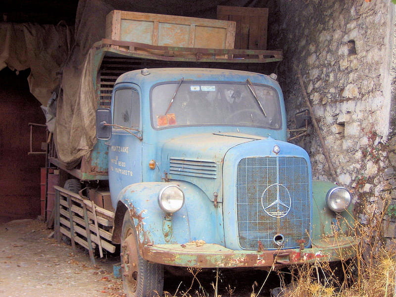 Old truck, carros, mercedes, crete, old, blue, HD wallpaper