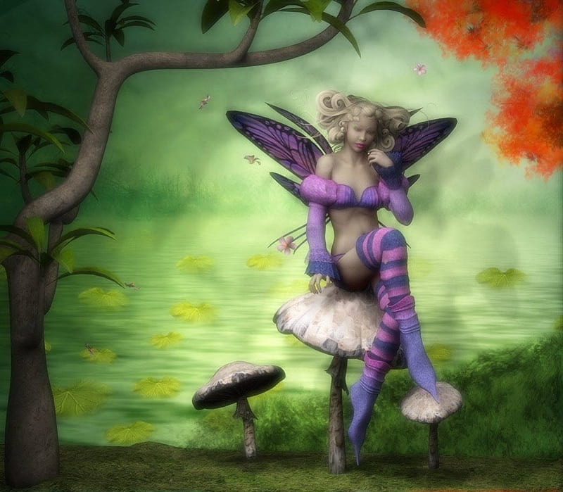 **Enchanting of Butterfly**, pretty, wonderful, adorable, angels, sweet, fantasy, flutter, splendor, love, bright, flowers, beauty, face, pollen, fairy, wings, lovely, lips, trees, softness, cute, water, cool, characters, eyes, colorful, charm, mushroom, bonito, digital art, hair, leaves, gentle, fairies, enchanted, amazing, female, lakes, colors, spring, enchanting, stockings, plants, tender touch, petals, 3D art, HD wallpaper