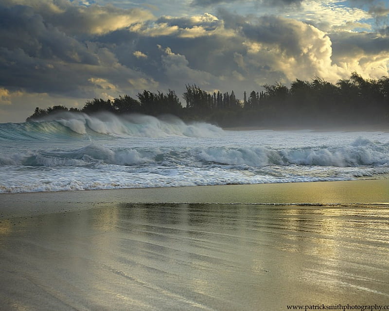 Patrick Smith graphy Surfs Rising, beach, rocks, sand, wind, sunset, clouds, mist, HD wallpaper