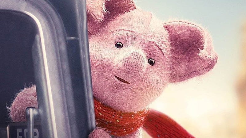 Christopher Robin 2018, poster, red, movie, toy, christopher robin, scarf, piglet, pink, disney, HD wallpaper