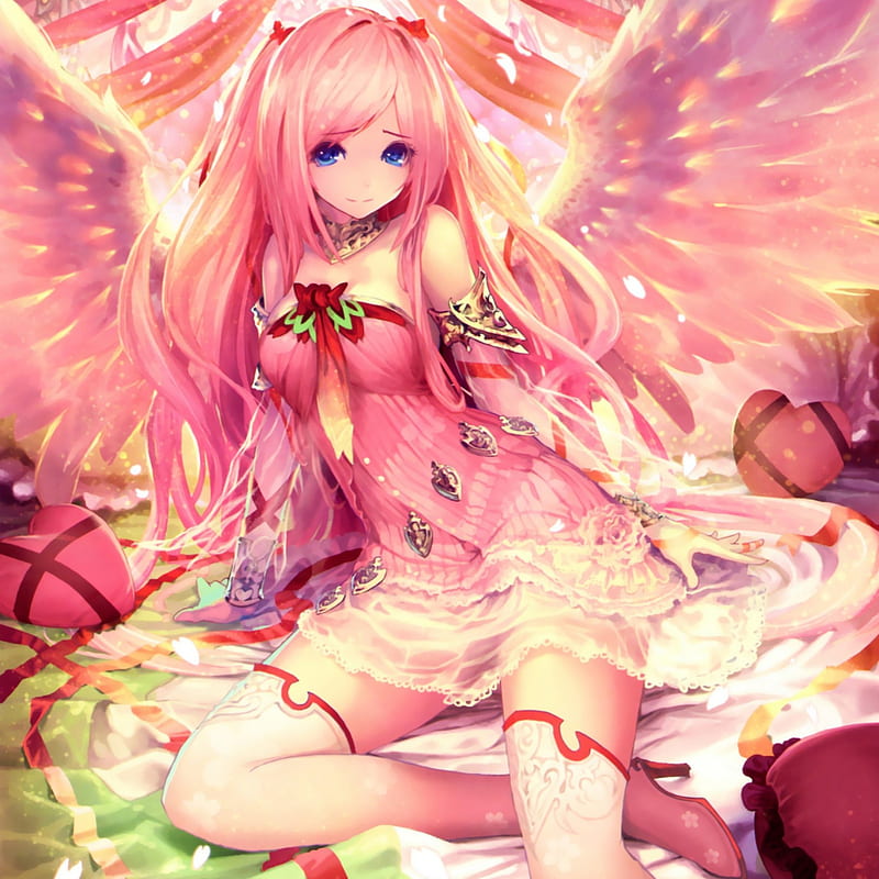 Bahamut, pretty, dress, cg, bonito, wing, sweet, nice, anime, hot, beauty, anime girl, long hair, pink, gorgeous, female, wings, lovely, angel, sexy, girl, awesome, pink hair, HD wallpaper