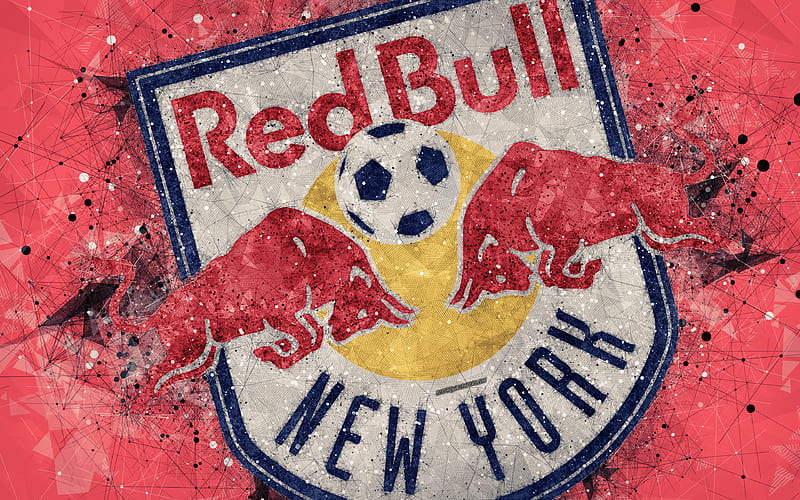 New York Red Bulls American soccer club, logo, creative geometric art, red abstract background, emblem, art, MLS, New York, USA, Major League Soccer, football, HD wallpaper