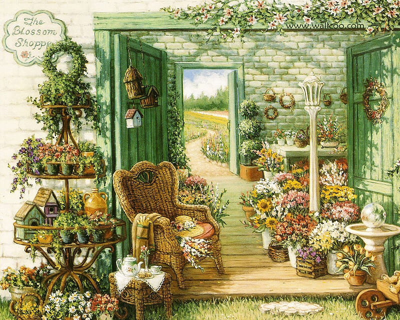 Janet Kruskamp, art, wreath, porch, painting, chair, HD wallpaper