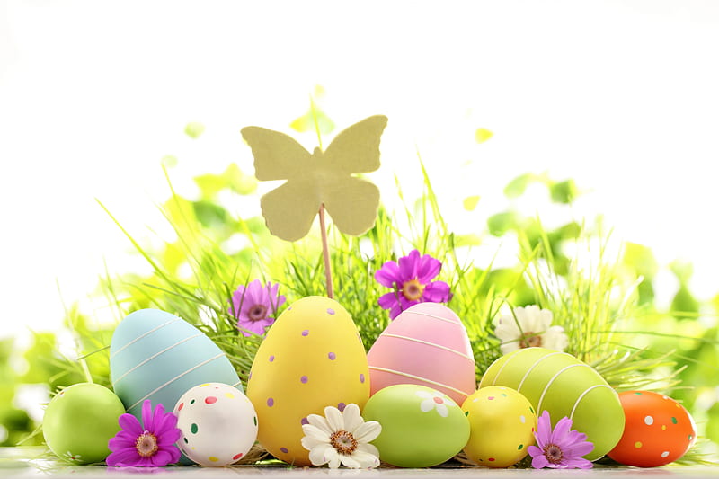 Happy and Blessed Easter! , colorful, holidays, colors, special day, event, Easter, eggs, flowers, pastel, HD wallpaper