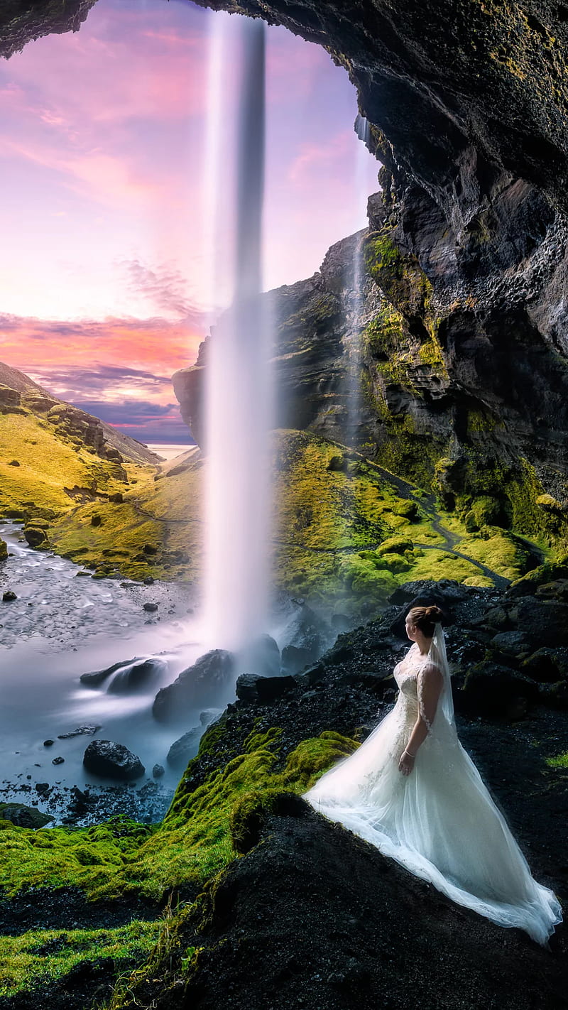 Waterfall, nature, bride, female, cave, HD phone wallpaper