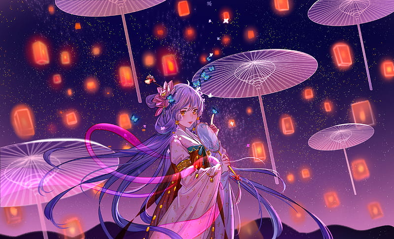 Hatsune Miku, vocaloid, luminos, lantern, orange, manga, umbrella ...