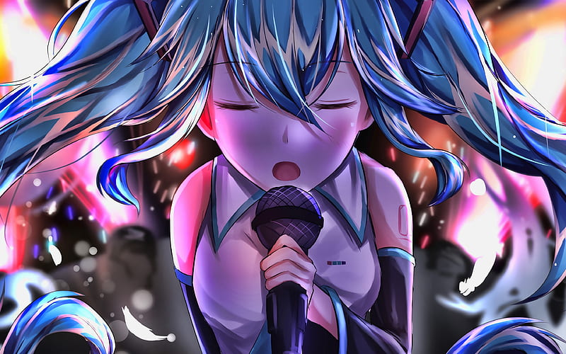 Hatsune Miku with microphone, 3D art, Vocaloid Characters, creative, Hatsune Miku, concert, manga, Vocaloid, girl with blue eyes, Miku Hatsune, HD wallpaper